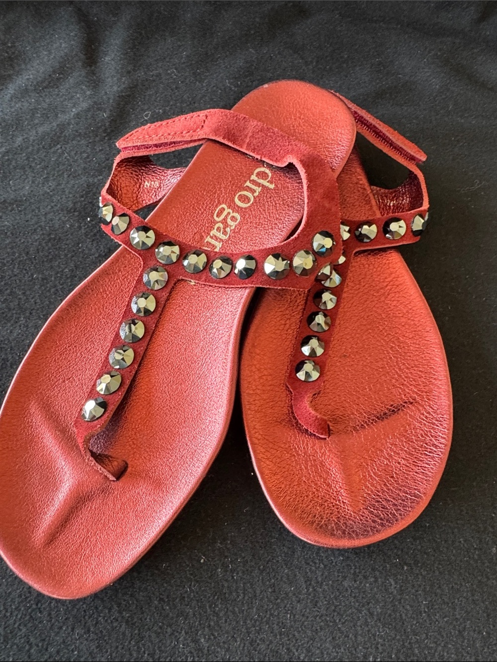 Pedro Garcia Red Leather Jeweled T-Strap Sandals